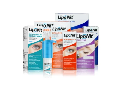 productassortiment van Liponit oogverzorging met oogdruppels en sprays op basis van hyaluronzuur, geschikt voor droge, geïrriteerde en gevoelige ogen - verpakkingen in verschillende varianten zichtbaar.